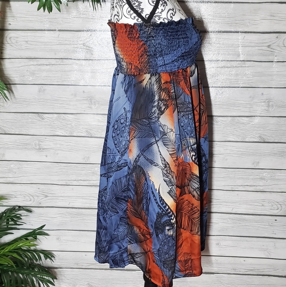 Multi-Colored Leaf Print Strapless Sun Dress - Picture 3 of 10